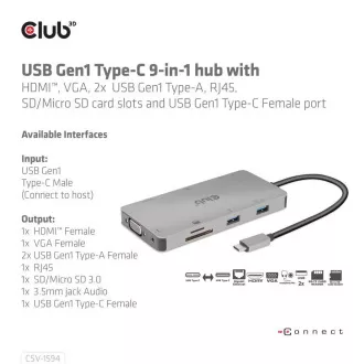 Club3D hub USB-C, 9-in-1 hub s HDMI, VGA, 2x USB Gen1 Type-A, RJ45, 100W PD Club3D hub USB-C, 9-in-1 hub s HDMI, VGA, 2x USB Gen1 Type-A, RJ45, 100W PD