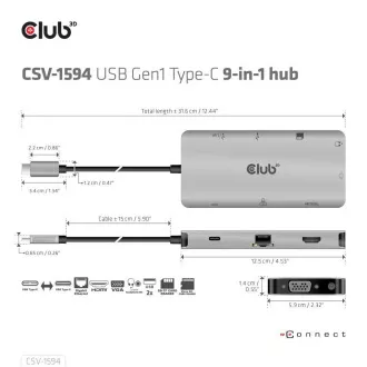 Club3D hub USB-C, 9-in-1 hub s HDMI, VGA, 2x USB Gen1 Type-A, RJ45, 100W PD Club3D hub USB-C, 9-in-1 hub s HDMI, VGA, 2x USB Gen1 Type-A, RJ45, 100W PD