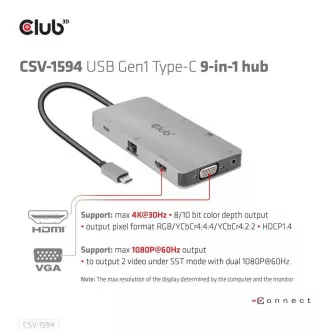 Club3D hub USB-C, 9-in-1 hub s HDMI, VGA, 2x USB Gen1 Type-A, RJ45, 100W PD Club3D hub USB-C, 9-in-1 hub s HDMI, VGA, 2x USB Gen1 Type-A, RJ45, 100W PD