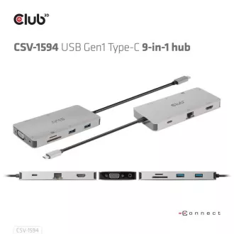 Club3D hub USB-C, 9-in-1 hub s HDMI, VGA, 2x USB Gen1 Type-A, RJ45, 100W PD Club3D hub USB-C, 9-in-1 hub s HDMI, VGA, 2x USB Gen1 Type-A, RJ45, 100W PD