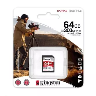 Kingston SDXC karta 64GB Canvas React Plus SDHC UHS-II 300R/260W U3 V90 for Full HD/4K/8K