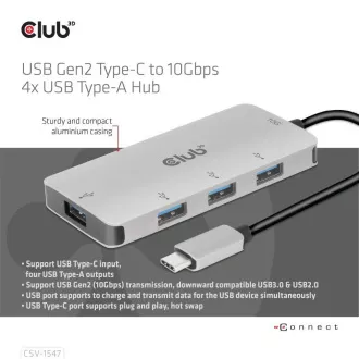 Club3D hub USB-C Gen2 na 10Gbps 4x USB Type-A Hub