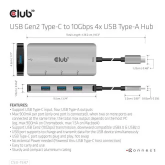 Club3D hub USB-C Gen2 na 10Gbps 4x USB Type-A Hub