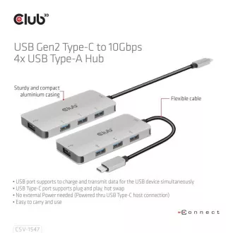 Club3D hub USB-C Gen2 na 10Gbps 4x USB Type-A Hub