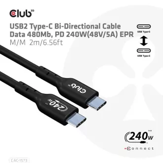 Club3D kabel USB-C, Oboustranný USB-IF Certifikovaný data kabel, Data 480Mb, PD 240W(48V/5A) EPR M/M 2m
