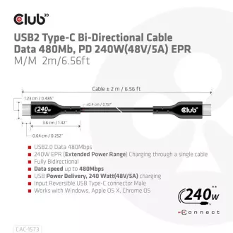Club3D kabel USB-C, Oboustranný USB-IF Certifikovaný data kabel, Data 480Mb, PD 240W(48V/5A) EPR M/M 2m