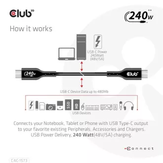Club3D kabel USB-C, Oboustranný USB-IF Certifikovaný data kabel, Data 480Mb, PD 240W(48V/5A) EPR M/M 2m