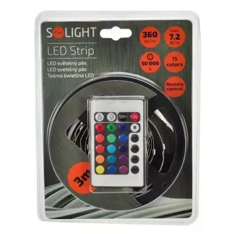 Solight LED světelný pás, RGB, 3m, sada s 12V adaptérem a dálk. ovladačem, 7, 2W/m, IP20