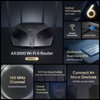MERCUSYS MR80X WiFi6 router (AX3000, 2, 4GHz/5GHz, 3xGbELAN, 1xGbEWAN)