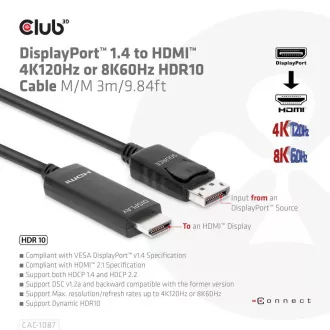 Club3D kabel DP 1.4 na HDMI, 4K120Hz nebo 8K60Hz HDR10, M/M, 3m