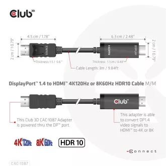 Club3D kabel DP 1.4 na HDMI, 4K120Hz nebo 8K60Hz HDR10, M/M, 3m