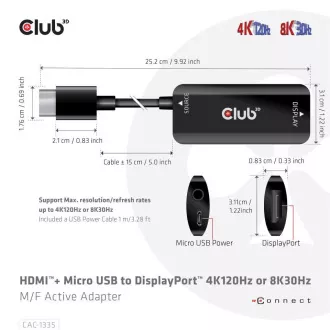 Club3D Adaptér HDMI + Micro USB na DisplayPort 4K120Hz/8K30Hz, Active Adapter M/F