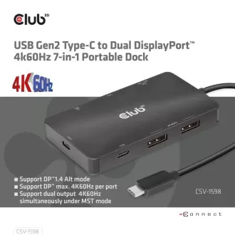 Club3D Dokovací stanice USB-C 7v1, 2xDP, 2xUSB-C, 2xUSB, 1xRJ45, černá