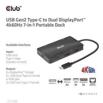 Club3D Dokovací stanice USB-C 7v1, 2xDP, 2xUSB-C, 2xUSB, 1xRJ45, černá
