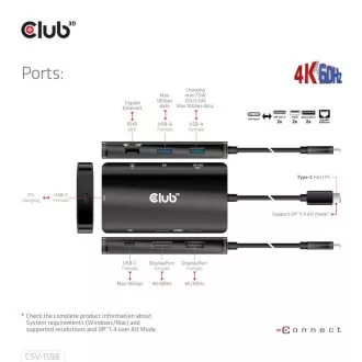 Club3D Dokovací stanice USB-C 7v1, 2xDP, 2xUSB-C, 2xUSB, 1xRJ45, černá