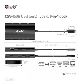 Club3D Dokovací stanice USB-C 7v1, 2xDP, 2xUSB-C, 2xUSB, 1xRJ45, černá