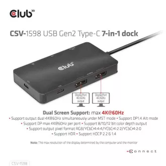 Club3D Dokovací stanice USB-C 7v1, 2xDP, 2xUSB-C, 2xUSB, 1xRJ45, černá