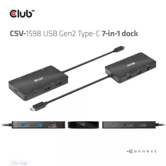 Club3D Dokovací stanice USB-C 7v1, 2xDP, 2xUSB-C, 2xUSB, 1xRJ45, černá