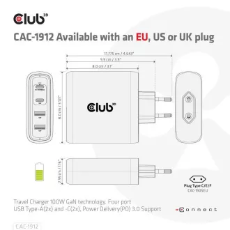 Club3D cestovní nabíječka 100W GAN technologie, 2xUSB-A a 2xUSB-C, PD 3.0 Support