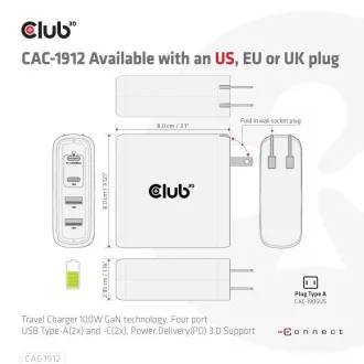 Club3D cestovní nabíječka 100W GAN technologie, 2xUSB-A a 2xUSB-C, PD 3.0 Support