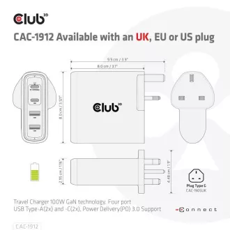 Club3D cestovní nabíječka 100W GAN technologie, 2xUSB-A a 2xUSB-C, PD 3.0 Support