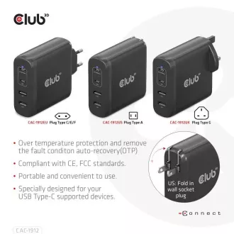 Club3D cestovní nabíječka 100W GAN technologie, 2xUSB-A a 2xUSB-C, PD 3.0 Support