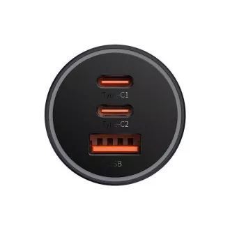 Baseus rychlonabíjecí adaptér do automobilu 2*USB-C + USB-A 65W tmavě šedá