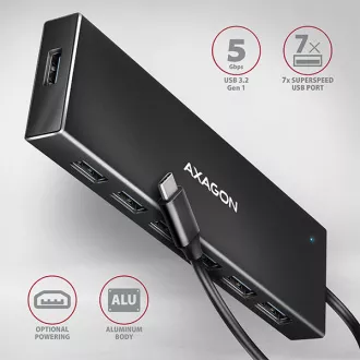 AXAGON HUE-F7C, 7x USB 3.2 Gen 1 ALU FLAT CHARGING hub, micro USB napájecí konektor, kabel USB-C 30cm AXAGON HUE-F7C, 7x USB 3.2 Gen 1 ALU FLAT CHARGING hub, micro USB napájecí konektor, kabel USB-C 30cm