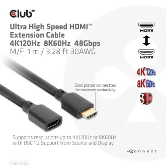 Club3D prodlužovací Ultra rychlý HDMI kabel, 4K120Hz, 8K60Hz, 48Gbps, M/F, 1m, 30 AWG