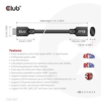 Club3D prodlužovací Ultra rychlý HDMI kabel, 4K120Hz, 8K60Hz, 48Gbps, M/F, 1m, 30 AWG
