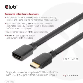 Club3D prodlužovací Ultra rychlý HDMI kabel, 4K120Hz, 8K60Hz, 48Gbps, M/F, 1m, 30 AWG