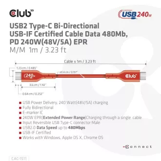 Club3D kabel USB-C, Oboustranný USB-IF Certifikovaný data kabel, PD 240W(48V/5A) EPR M/M 1m