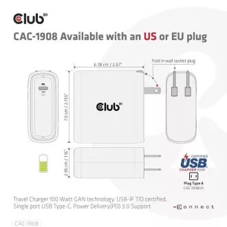 Club3D cestovní nabíječka 100W GAN technologie, USB-IF TID certified, USB Type-C, Power Delivery(PD) 3.0 Support