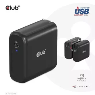 Club3D cestovní nabíječka 100W GAN technologie, USB-IF TID certified, USB Type-C, Power Delivery(PD) 3.0 Support