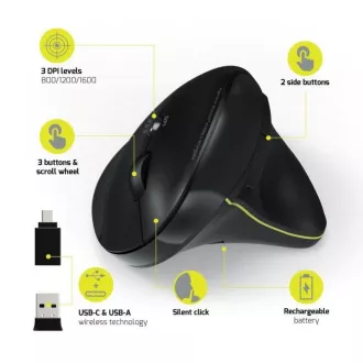 PORT vertikální bezdrátová ergonomická myš, BT, 2, 4 GHz, USB-A/C, pro praváky, černá