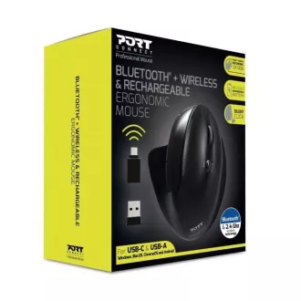 PORT vertikální bezdrátová ergonomická myš, BT, 2, 4 GHz, USB-A/C, pro praváky, černá