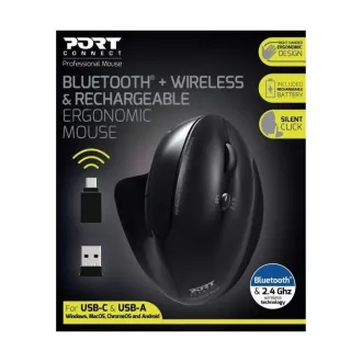 PORT vertikální bezdrátová ergonomická myš, BT, 2, 4 GHz, USB-A/C, pro praváky, černá