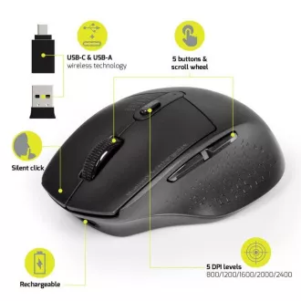 PORT dobíjecí myš s duálním bezdrátovým připojením, BT, 2, 4 GHz, USB-A/C, černá