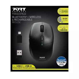 PORT dobíjecí myš s duálním bezdrátovým připojením, BT, 2, 4 GHz, USB-A/C, černá