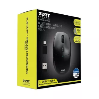 PORT dobíjecí myš s duálním bezdrátovým připojením, BT, 2, 4 GHz, USB-A/C, černá