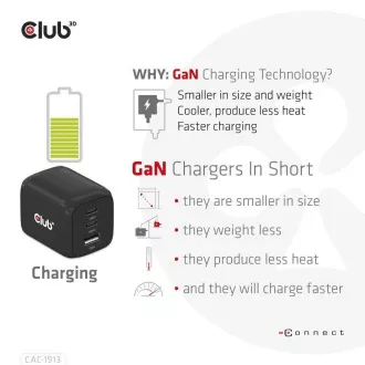 Club3D cestovní nabíječka 65W GAN technologie, 3 porty (2xUSB-C + USB-A), PPS, Power Delivery(PD) 3.0 Support