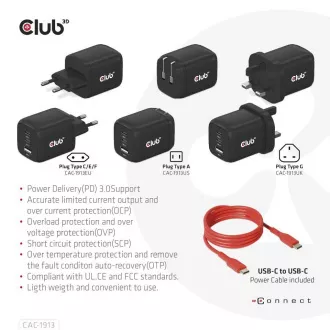Club3D cestovní nabíječka 65W GAN technologie, 3 porty (2xUSB-C + USB-A), PPS, Power Delivery(PD) 3.0 Support