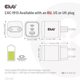 Club3D cestovní nabíječka 65W GAN technologie, 3 porty (2xUSB-C + USB-A), PPS, Power Delivery(PD) 3.0 Support
