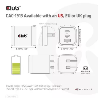 Club3D cestovní nabíječka 65W GAN technologie, 3 porty (2xUSB-C + USB-A), PPS, Power Delivery(PD) 3.0 Support