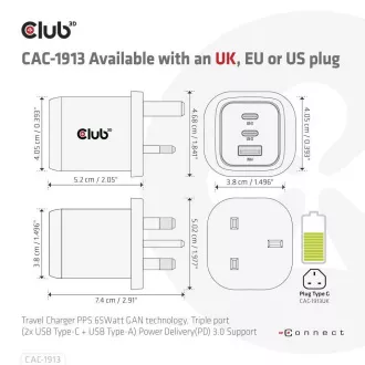 Club3D cestovní nabíječka 65W GAN technologie, 3 porty (2xUSB-C + USB-A), PPS, Power Delivery(PD) 3.0 Support