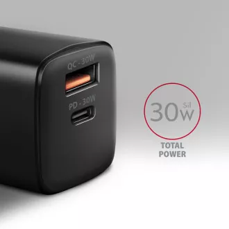 AXAGON ACU-PQ30, Sil nabíječka do sítě 30W, 2x port (USB-A + USB-C), PD3.0/PPS/QC4+/SFC/AFC/Apple, černá