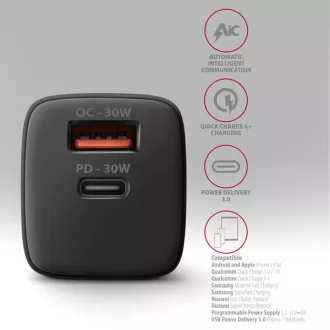 AXAGON ACU-PQ30, Sil nabíječka do sítě 30W, 2x port (USB-A + USB-C), PD3.0/PPS/QC4+/SFC/AFC/Apple, černá