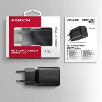 AXAGON ACU-PQ30, Sil nabíječka do sítě 30W, 2x port (USB-A + USB-C), PD3.0/PPS/QC4+/SFC/AFC/Apple, černá