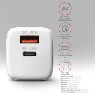 AXAGON ACU-PQ30W, Sil nabíječka do sítě 30W, 2x port (USB-A + USB-C), PD3.0/PPS/QC4+/SFC/AFC/Apple, bílá