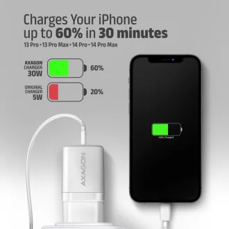AXAGON ACU-PQ30W, Sil nabíječka do sítě 30W, 2x port (USB-A + USB-C), PD3.0/PPS/QC4+/SFC/AFC/Apple, bílá